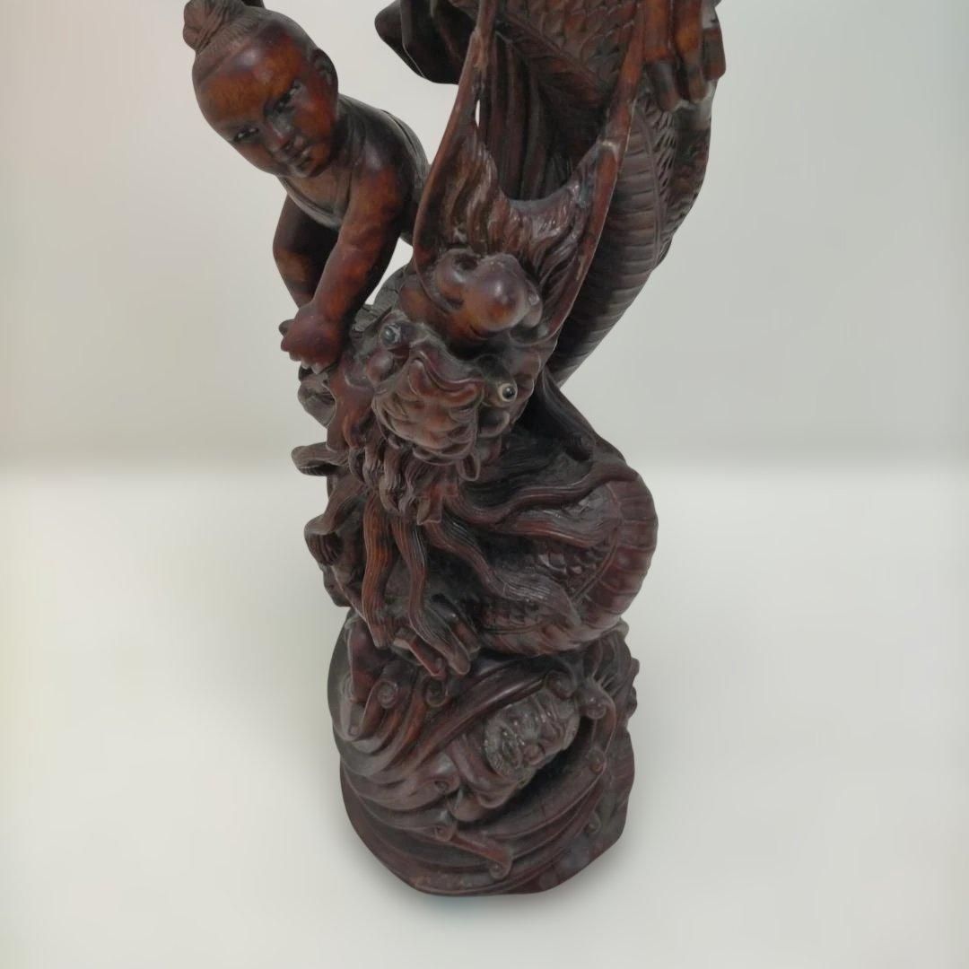 骨董品 木彫 彫刻 童子と龍 立体彫刻 古美術 置物 飾り物 インテリア