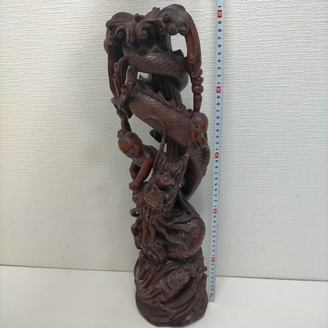 骨董品 木彫 彫刻 童子と龍 立体彫刻 古美術 置物 飾り物 インテリア 和風 中国美術 唐木風 古道具 高さ約45cm 時代物　260113-1T 骨董品 木彫 彫刻 童子と龍 立体彫刻 古美術 置物 飾り物 インテリア