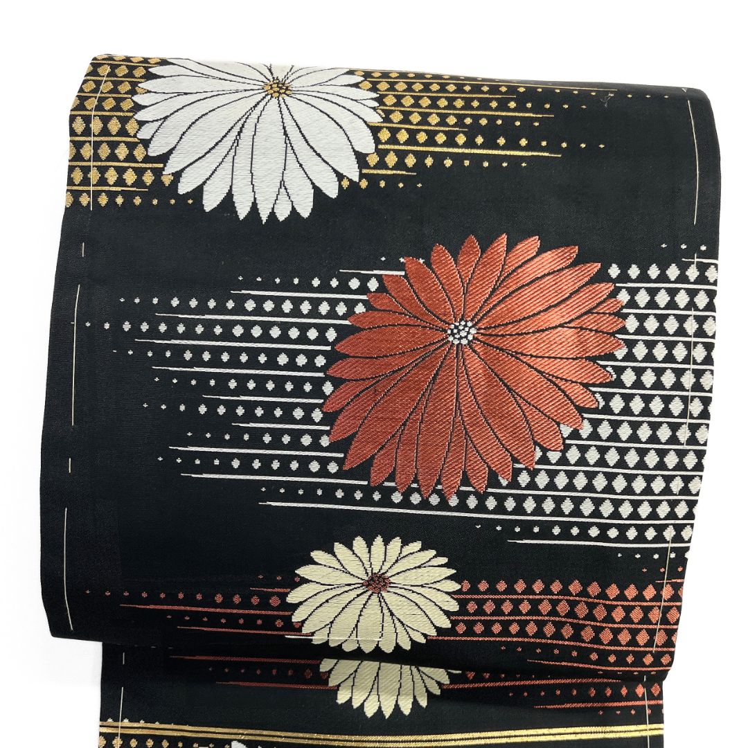 名古屋帯 アンティーク 菊花 菱 横縞 黒地 着物 014b d ms - メルカリ