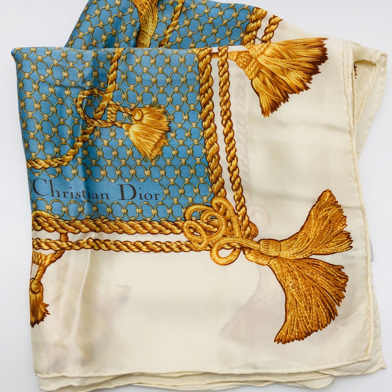Christian Dior スカーフ 大判 シルク 水色 タッセル ディオール