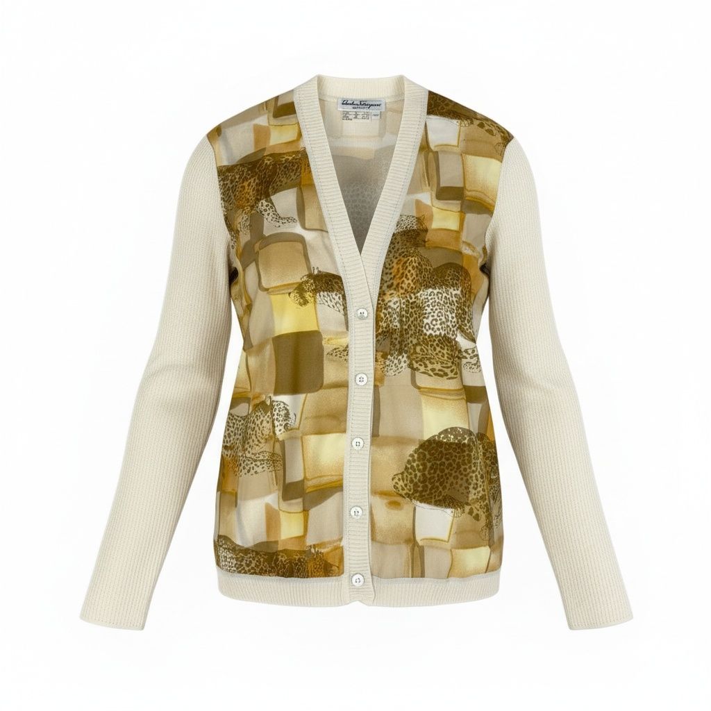 81a23 Salvatore Ferragamo Animal Print Cardigan Size XL White