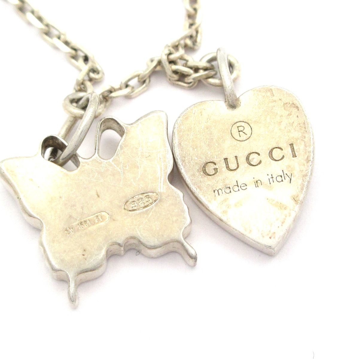 程度良 GUCCI グッチ シルバー バタフライ ハート ネックレス 【表面 