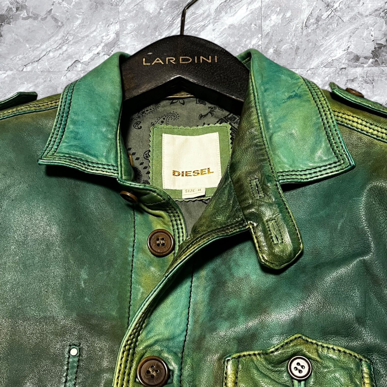 DIESEL グリーン レザージャケット DIESEL ディーゼル レザージャケット 本革 羊革 ヴィンテージ加工