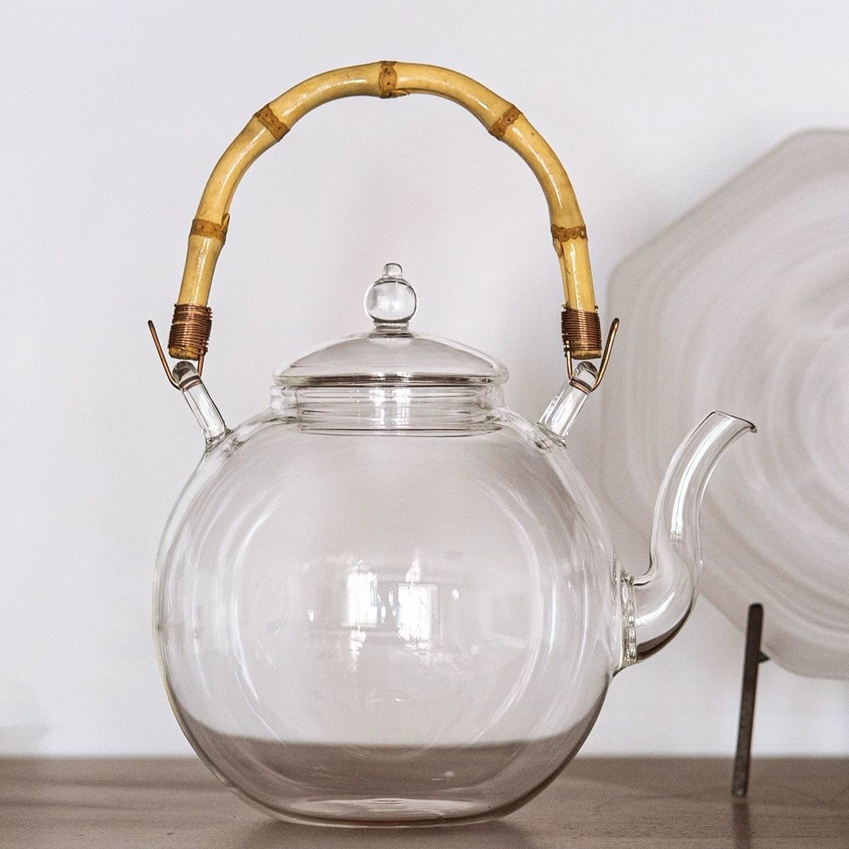 ガラスケトル 900ml 耐熱 ガラス ティーポット 竹の持ち手 まんまる