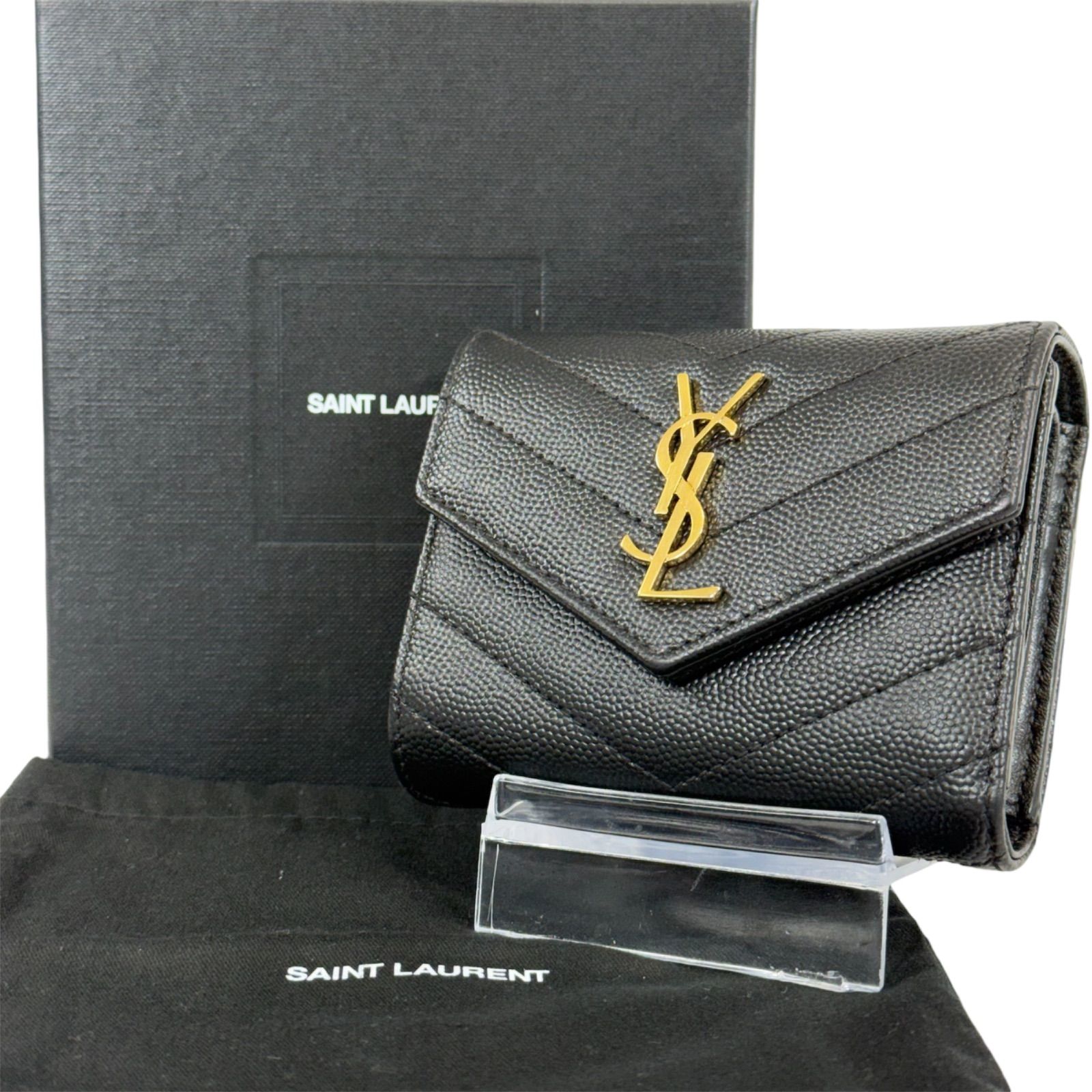 ♡超極美品♡イヴサンローラン 三つ折り財布 YSL カサンドラ キャビアスキン黒 人気・美品】Yves Saint Laurent イヴ サンローラン キャビアスキン