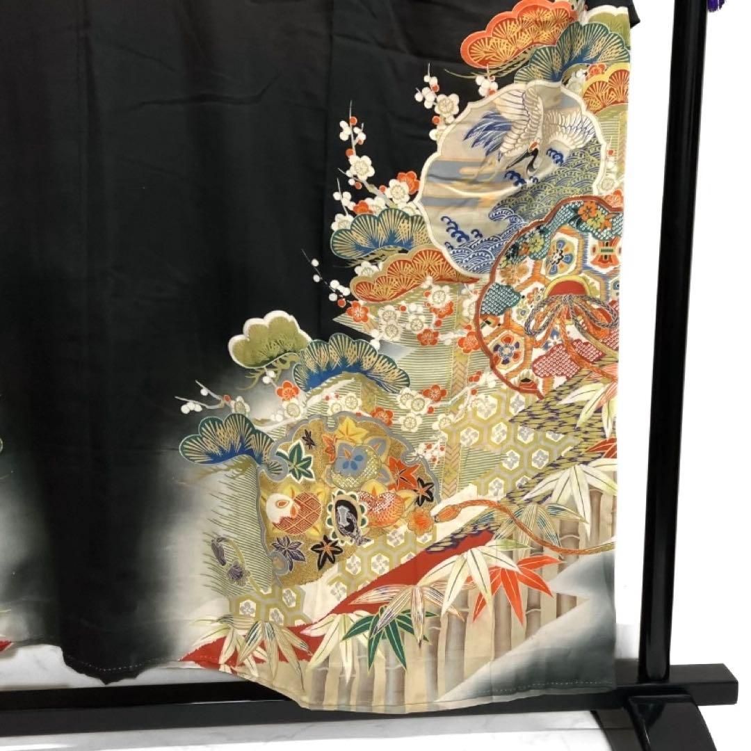 アンティーク 黒留袖 金駒刺繍 金彩 松竹梅 鶴 波 ヱ霞 着物 112b d