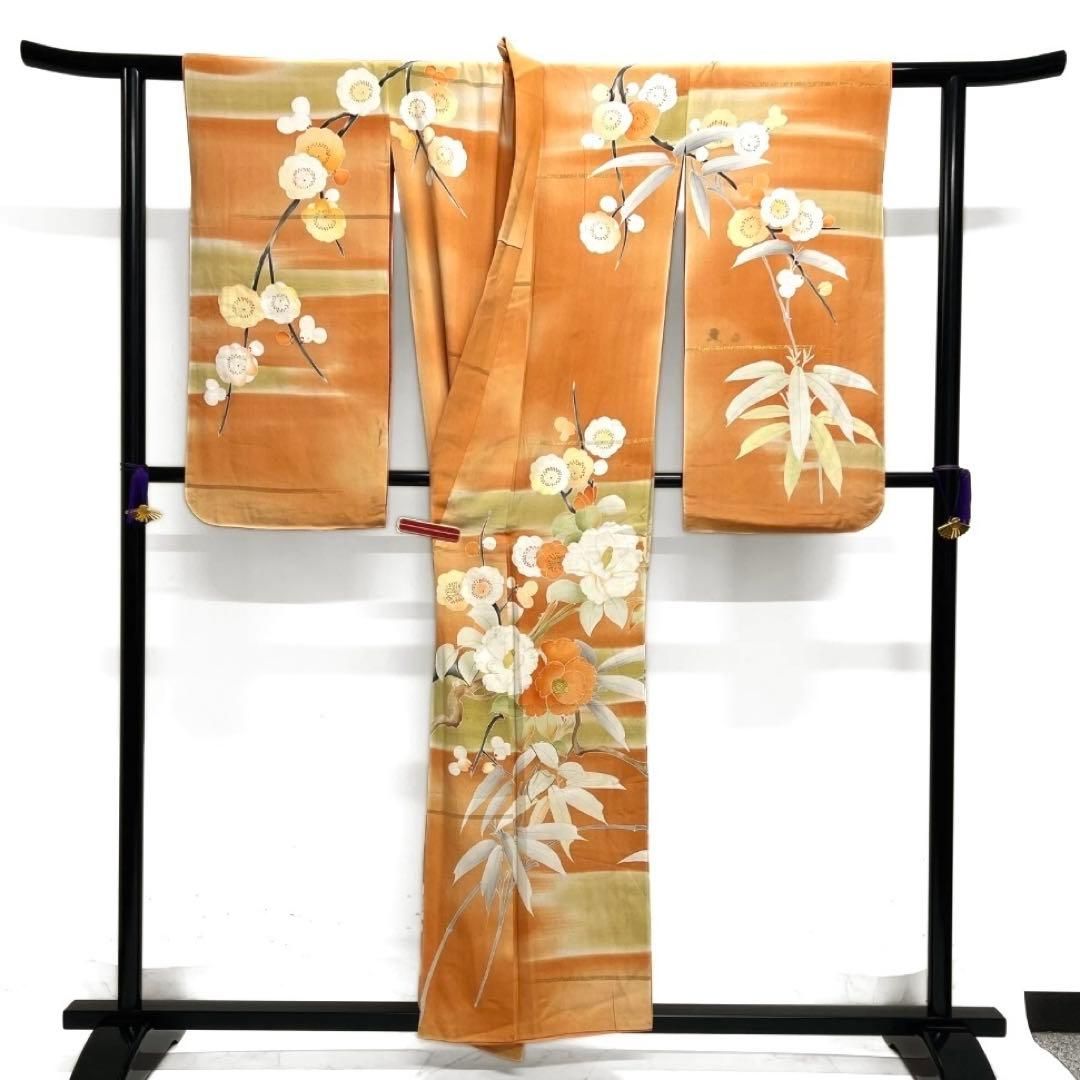 付け下げ　金駒刺繍　金彩　絞り　流水　梅　藤　竹　霞　紋無し　着物　102b d アンティーク 小振袖 二尺袖 金駒刺繍 金彩 椿 梅 霞 竹 着物 112b d