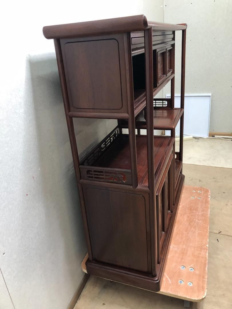 紫檀 茶棚 茶箪笥 飾り棚 違い棚 戸棚 唐木 透彫 昭和レトロ