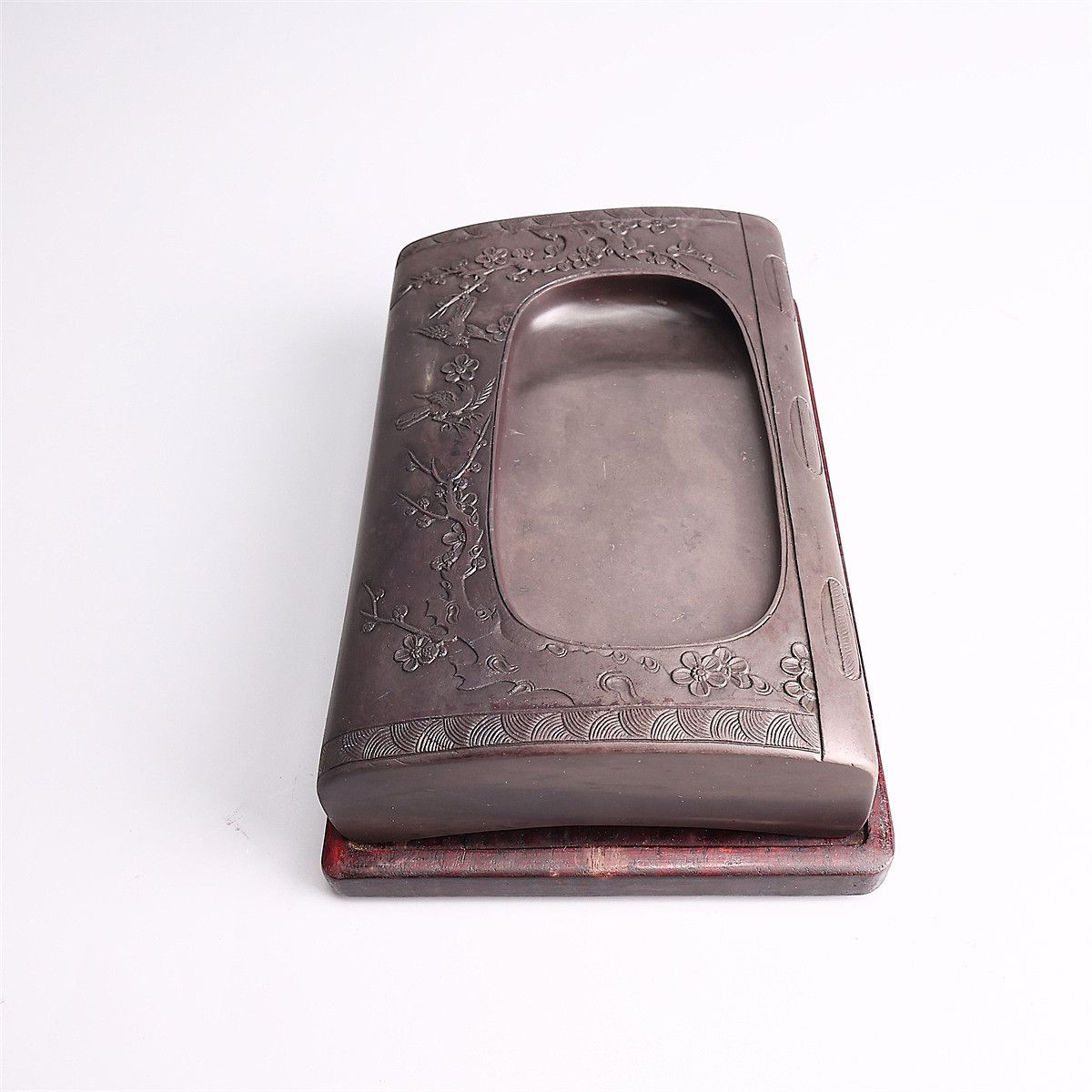 唐物 【天然端渓石製】 書道具 梅雀紋 端渓硯 幅50.5×13.5㎝ 重2914g