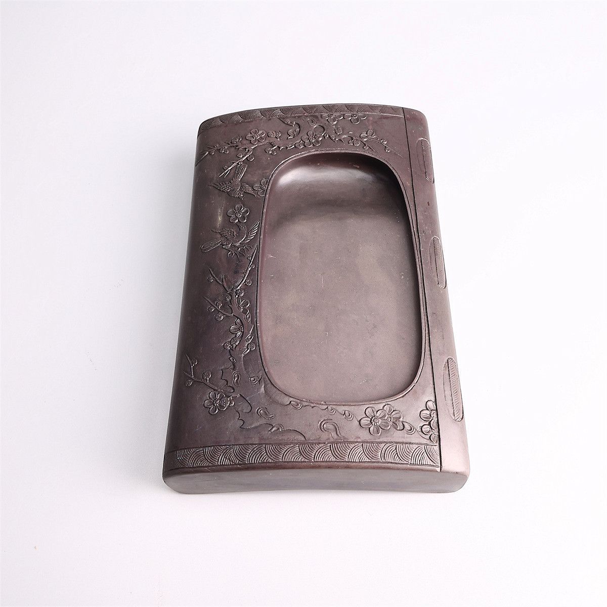 唐物 【天然端渓石製】 書道具 梅雀紋 端渓硯 幅50.5×13.5㎝ 重2914g