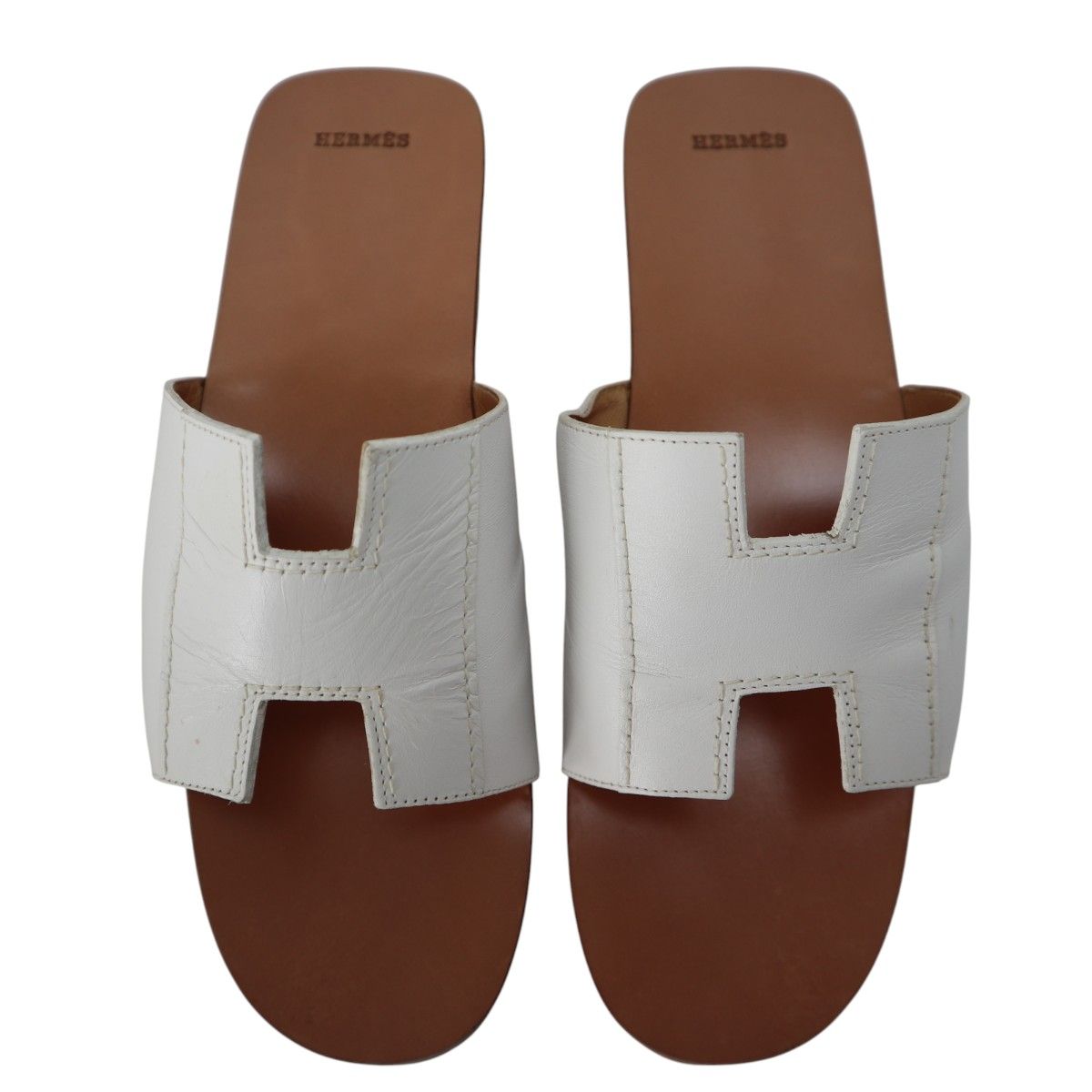 HERMES エルメス ケブラール Hロゴ レザ―/ウッド サンダル 38 ホワイト