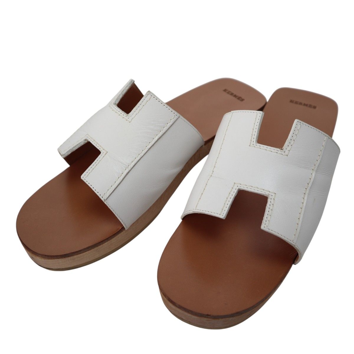 HERMES エルメス ケブラール Hロゴ レザ―/ウッド サンダル 38 ホワイト