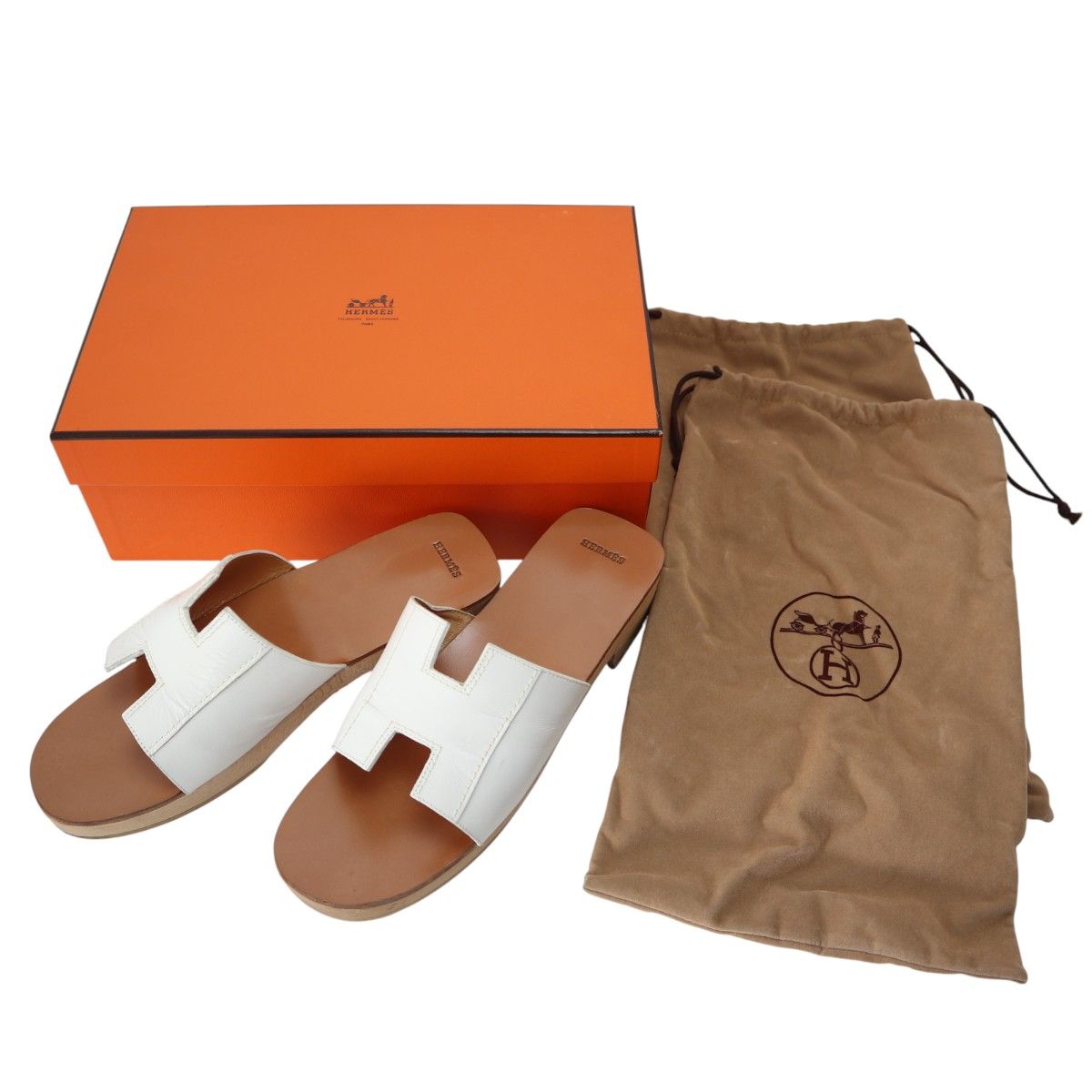 HERMES エルメス ケブラール Hロゴ レザ―/ウッド サンダル 38 ホワイト