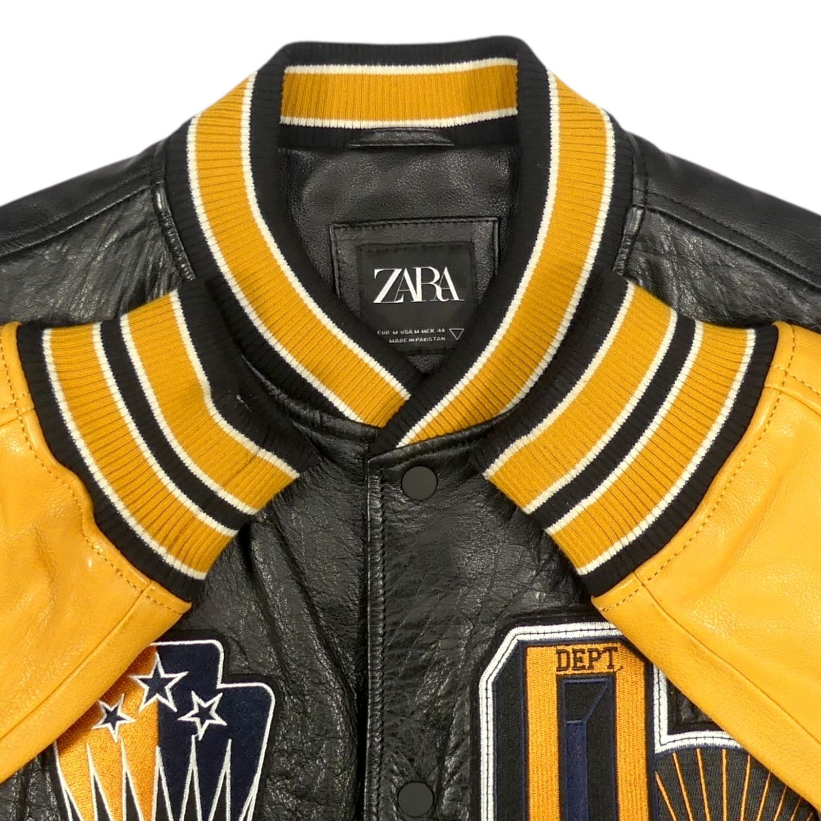 ZARA 黒/黄色 スタジャン L ZARA ザラ スタジャン L 古着 レザーブルゾン ジャンパー 本革 40 黒