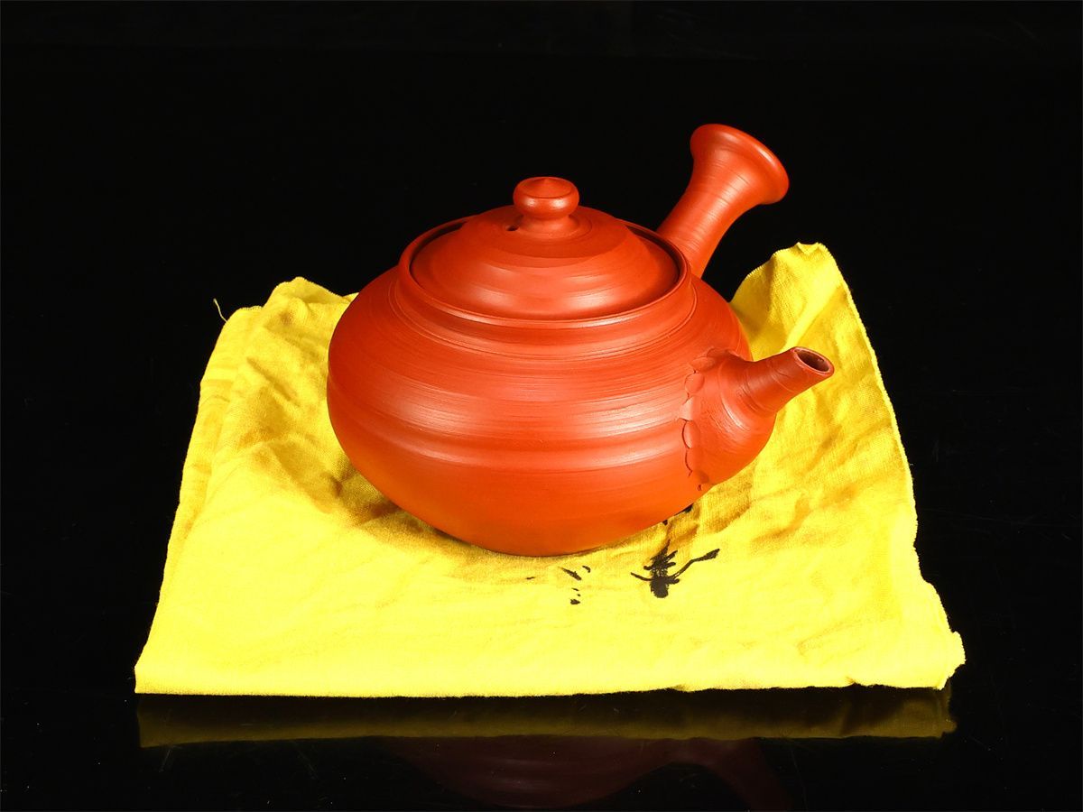 人間国宝 三代 【山田常山】 常滑焼 朱泥 茶注 急須／共箱付 本物保証