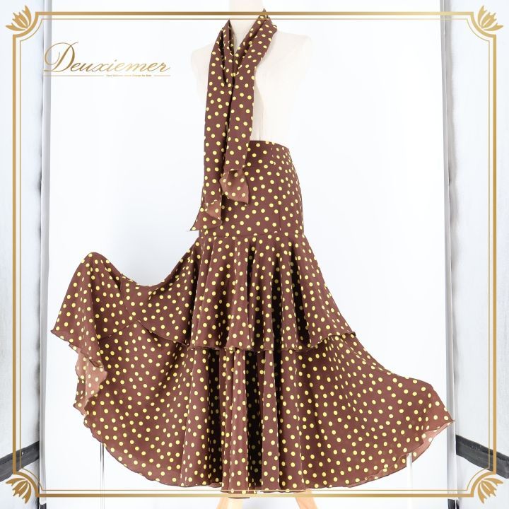 フラメンコ 衣装 ファルダ スカート ボウタイ 茶色 黄色 ドット 水玉