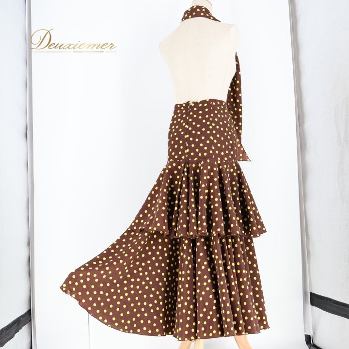 フラメンコ 衣装 ファルダ スカート ボウタイ 茶色 黄色 ドット 水玉