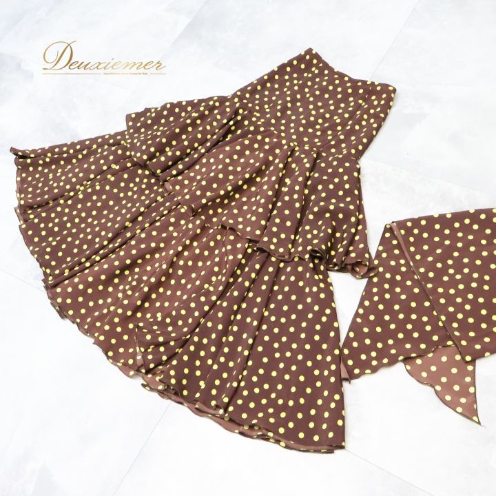 フラメンコ 衣装 ファルダ スカート ボウタイ 茶色 黄色 ドット 水玉