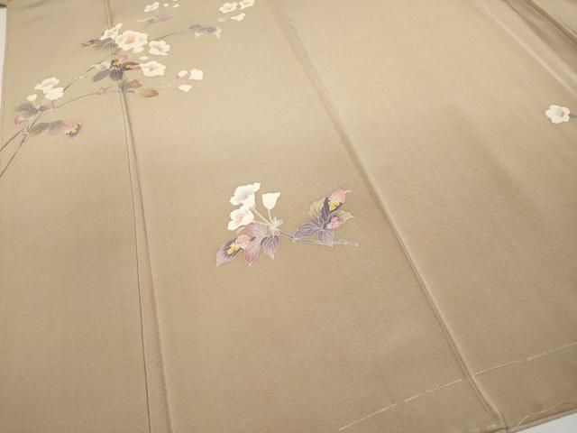 平和屋本店○極上 京加賀友禅 百貫達雄 訪問着 枝花文 暈し染め 白茶色