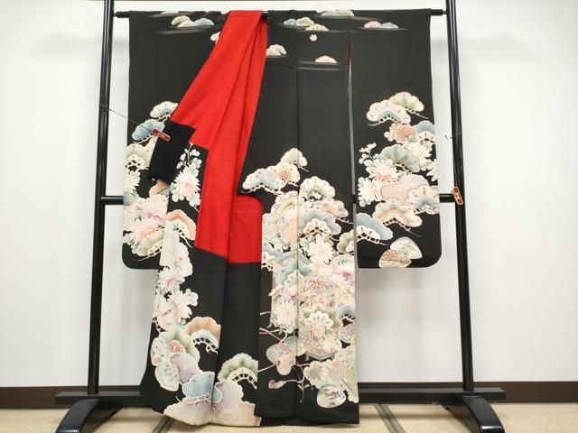 平和屋本店●極上　アンティーク　大正ロマン　振袖　駒刺繍　貝桶草花文　黒地　金彩　逸品　CYAA4514s6 平和屋本店○極上 アンティーク 大正ロマン 振袖 駒刺繍 貝桶草花文