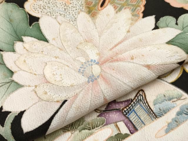 平和屋本店●極上　アンティーク　大正ロマン　振袖　駒刺繍　貝桶草花文　黒地　金彩　逸品　CYAA4514s6 平和屋本店○極上 アンティーク 大正ロマン 振袖 駒刺繍 貝桶草花文
