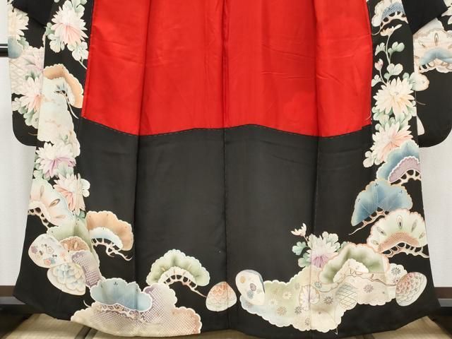 平和屋本店●極上　アンティーク　大正ロマン　振袖　駒刺繍　貝桶草花文　黒地　金彩　逸品　CYAA4514s6 平和屋本店○極上 アンティーク 大正ロマン 振袖 駒刺繍 貝桶草花文