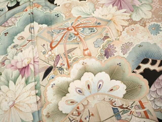 平和屋本店○極上 アンティーク 大正ロマン 振袖 駒刺繍 貝桶草花文