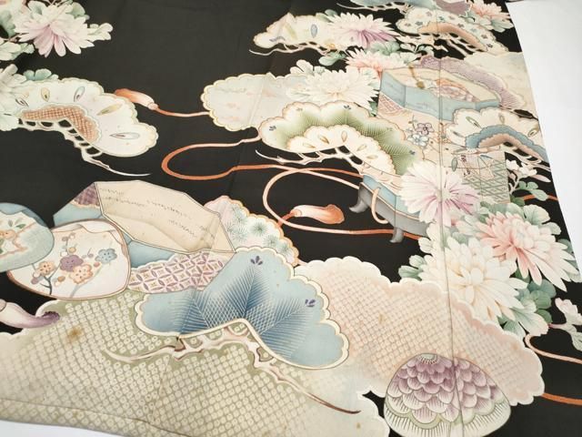 平和屋本店●極上　アンティーク　大正ロマン　振袖　駒刺繍　貝桶草花文　黒地　金彩　逸品　CYAA4514s6 平和屋本店○極上 アンティーク 大正ロマン 振袖 駒刺繍 貝桶草花文