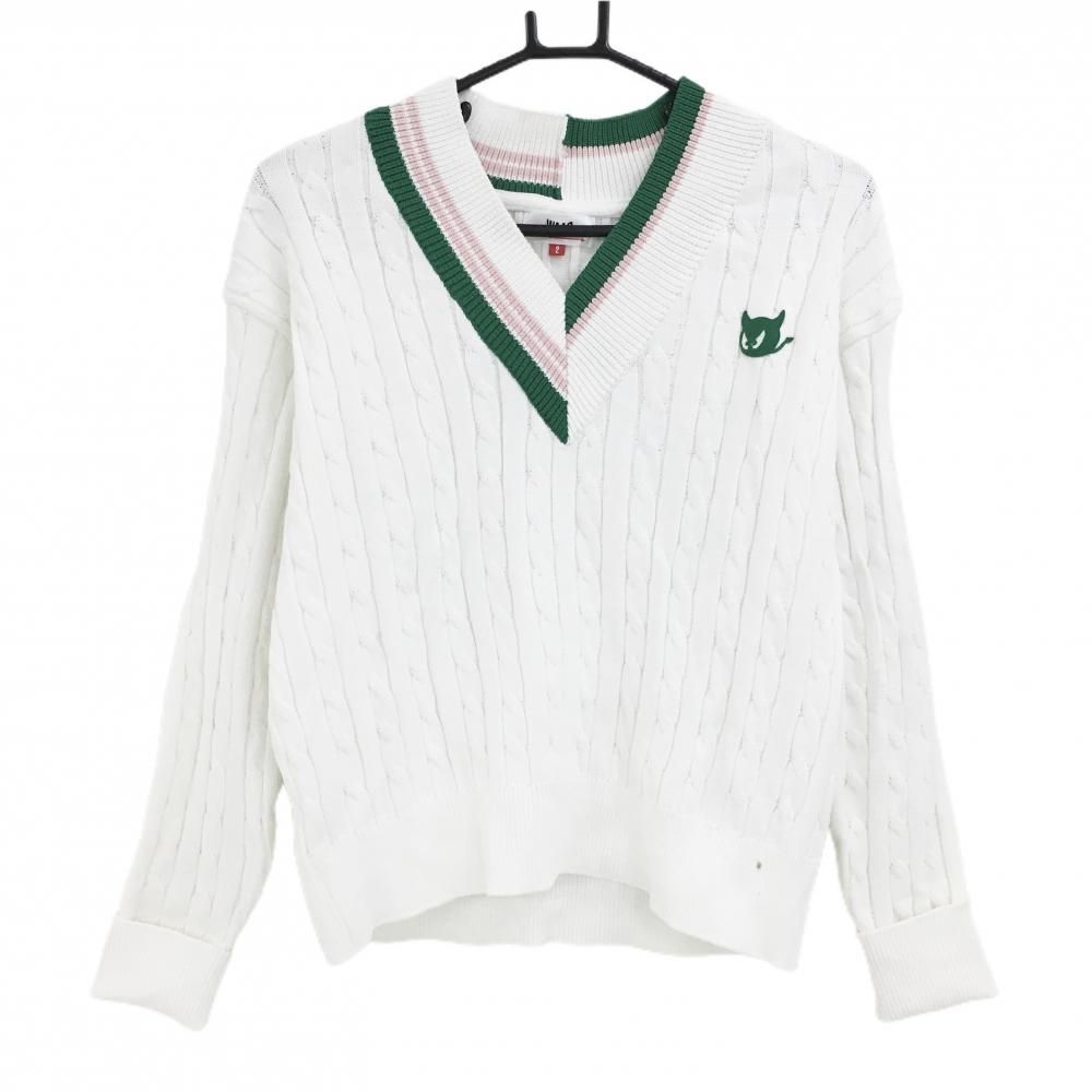 ワック セーター 白×グリーン×ピンク ケーブル編み ニット Vネック