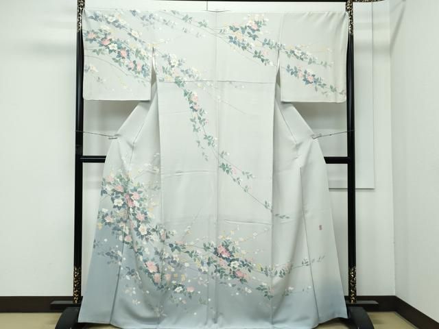 平和屋着物○極上 十日町友禅作家 阿部佳雪 訪問着 草花文 暈し染め 柳