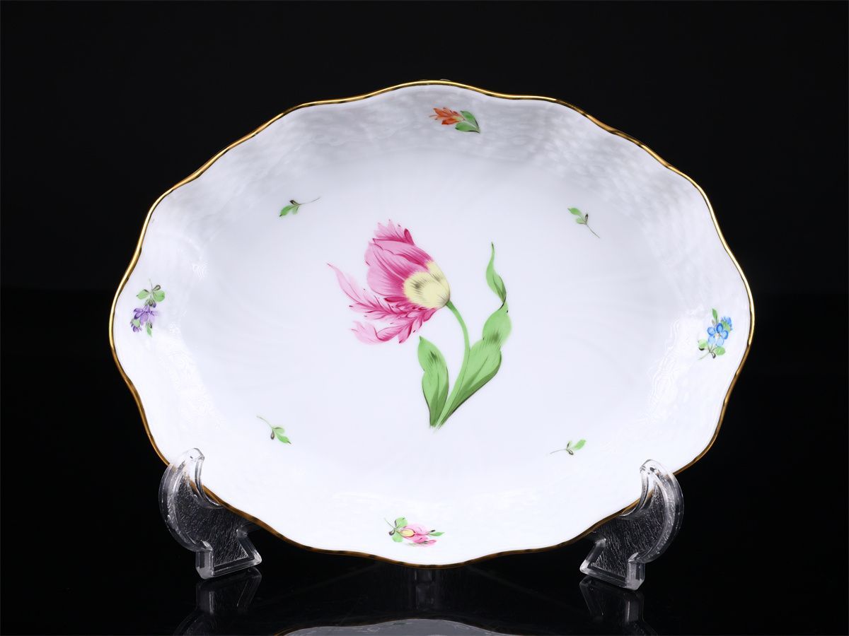 中古　美品　ヘレンド　花柄　陶器　皿　楕円形 Herend 【ヘレンド】 バコニーの春フラワー プレート 楕円皿 幅19.5
