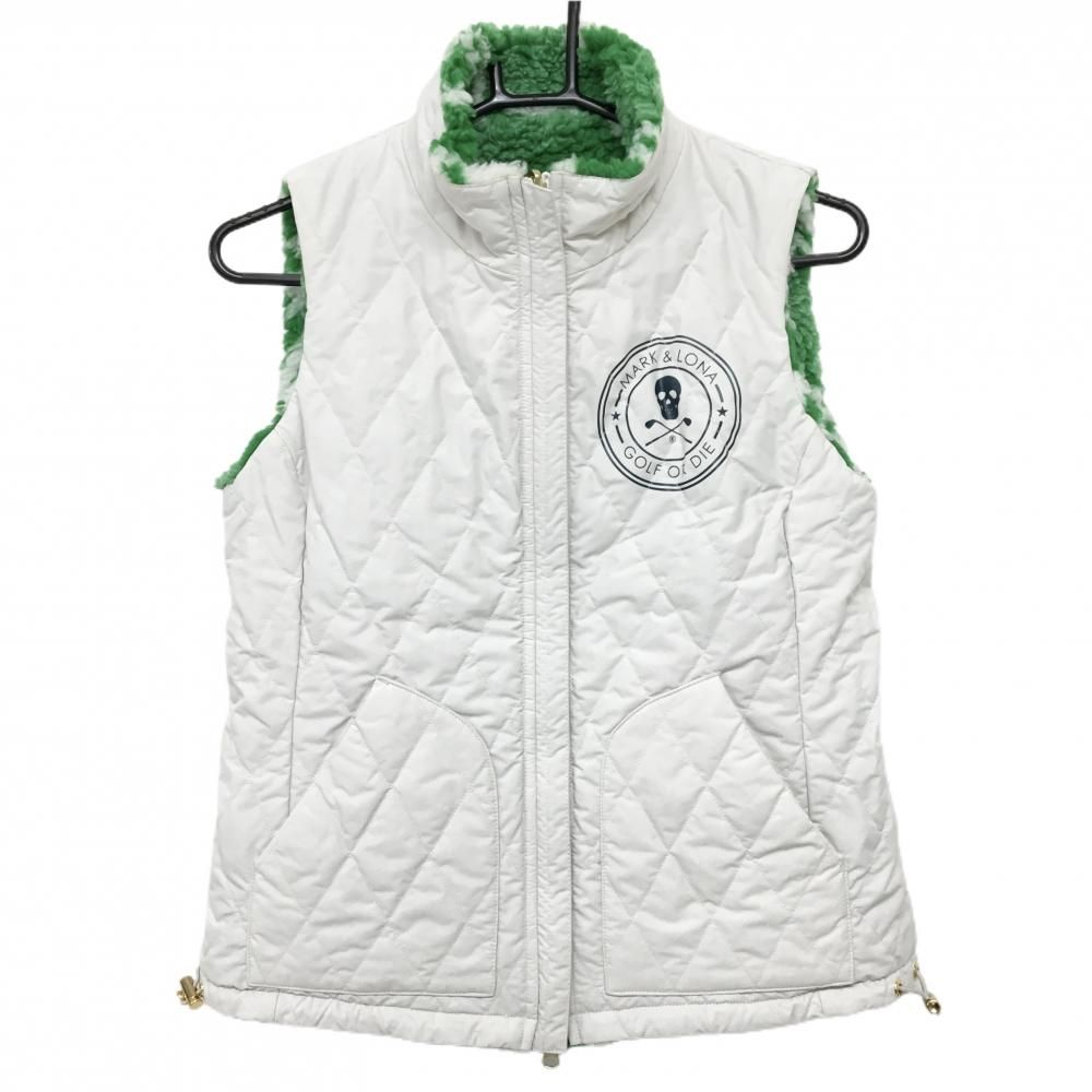 マークアンドロナ 中綿ボアリバーシブルベスト グリーン×白 総柄 裏