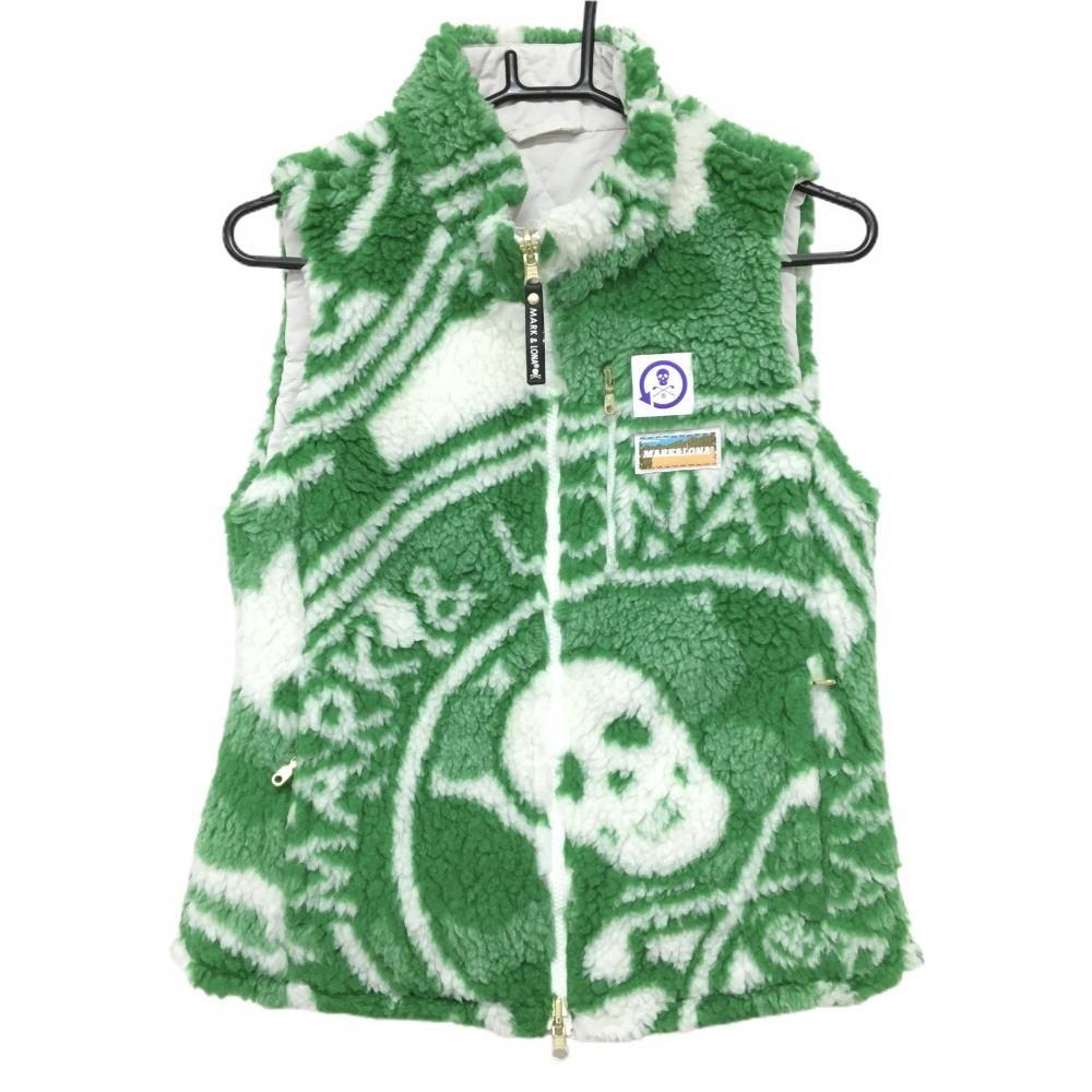 MARK & LONA ボアベスト38 マークアンドロナ 中綿ボアリバーシブルベスト グリーン×白 総柄 裏
