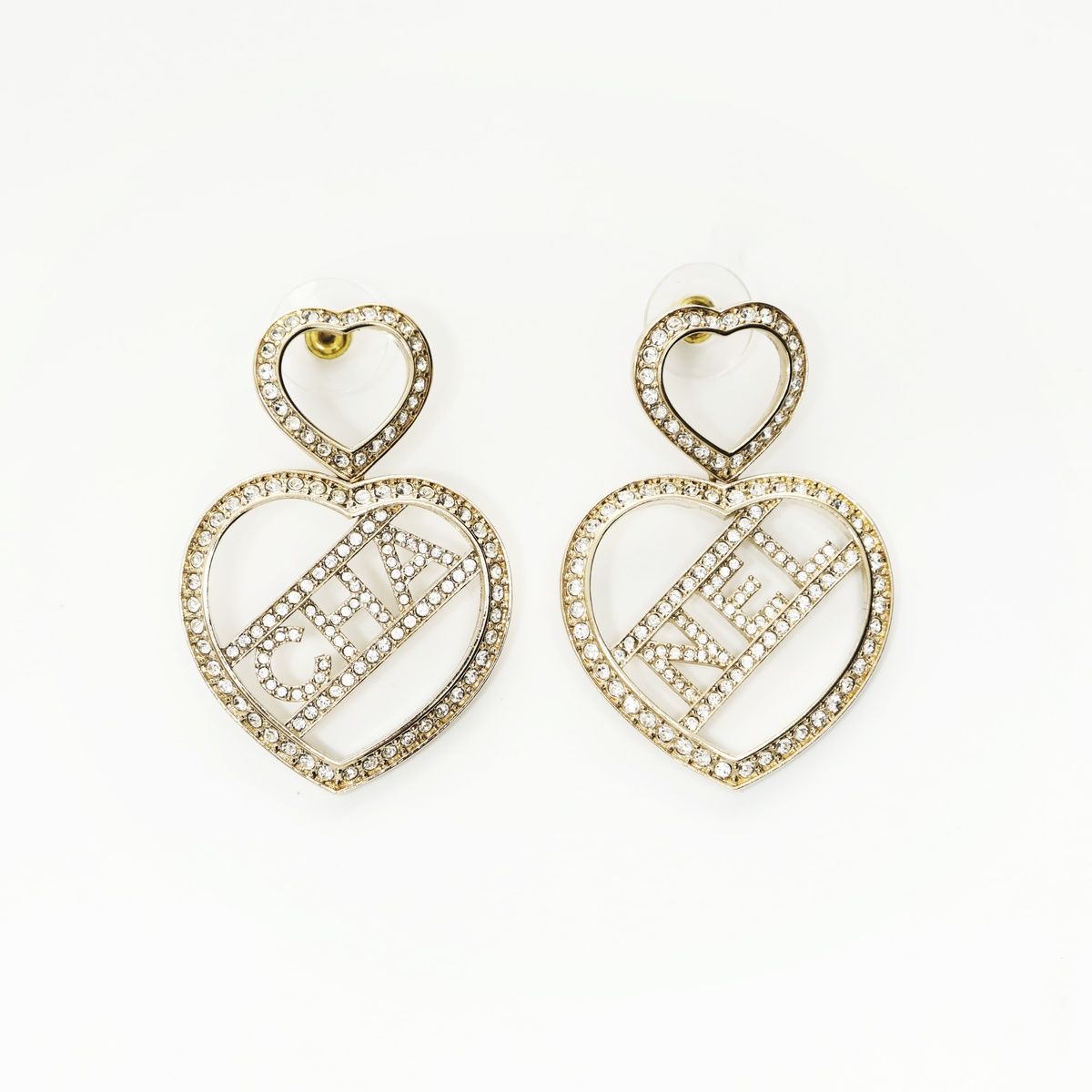 CHANEL シャネル ピアス 23B 2023 ロゴ ハート ラインストーン【中古 