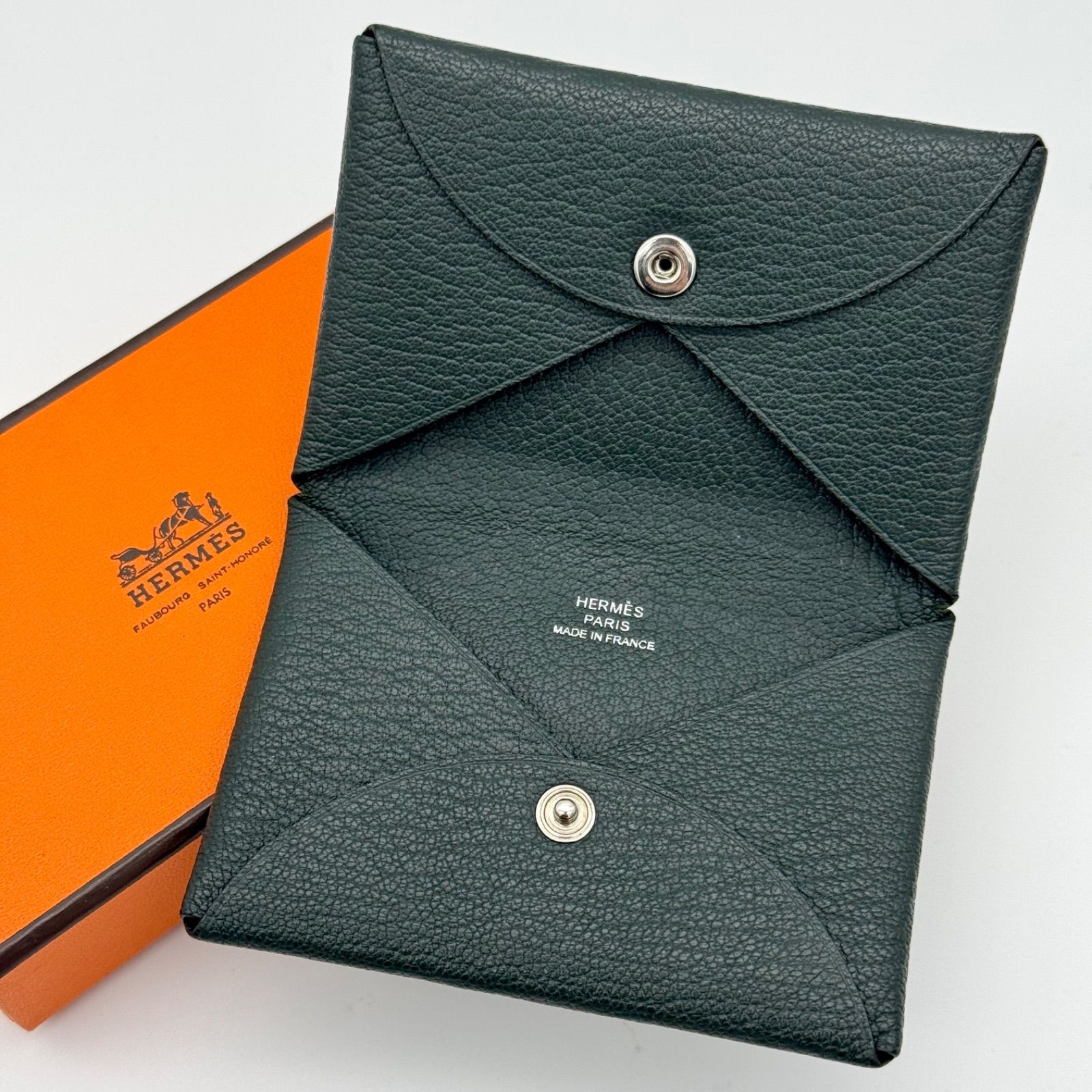 エルメス　カルヴィ　グリーン　名刺入れ 箱付き】エルメス HERMES カルヴィ カードケース 名刺入れ 深緑 ダーク