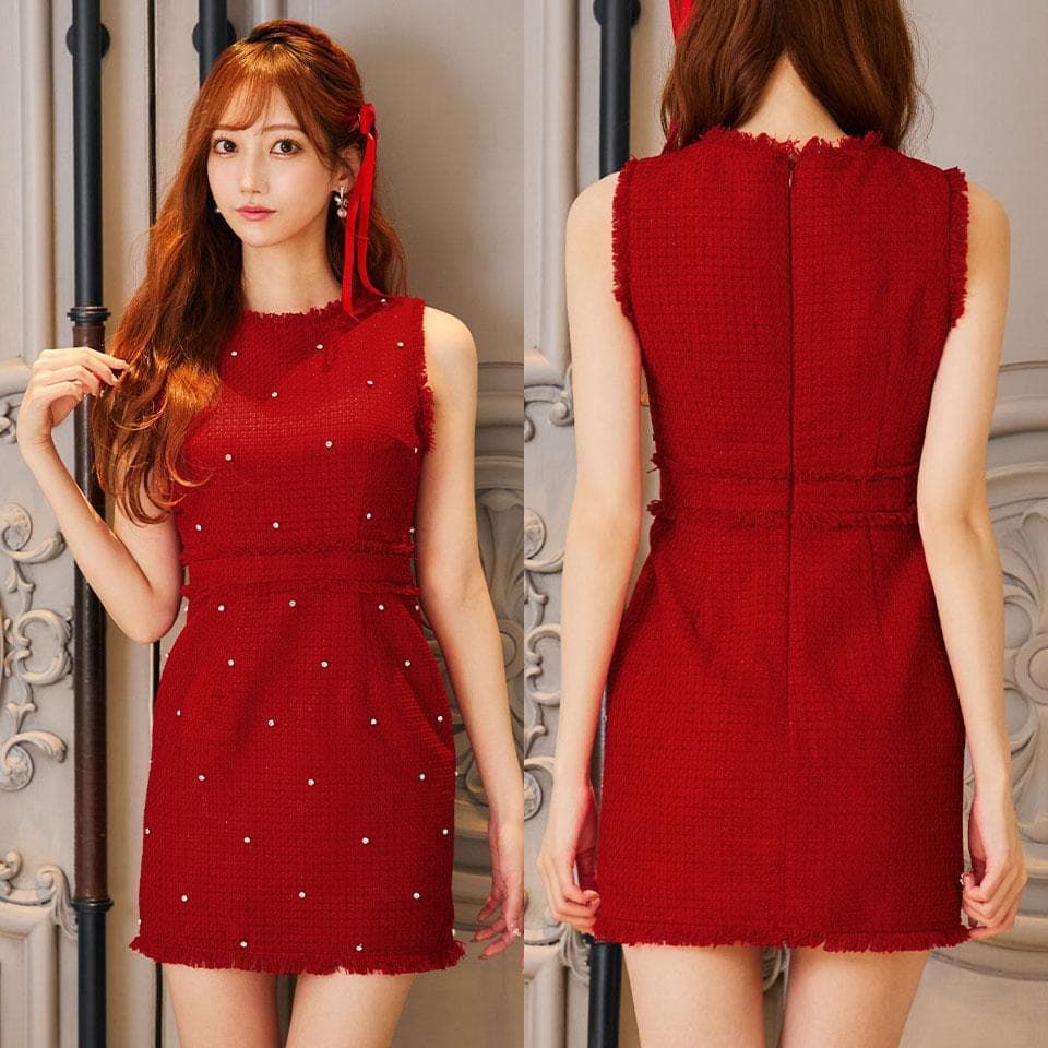 JEWELS / ジュエルズ】ビジューツイードノースリーブミニドレス ワイン