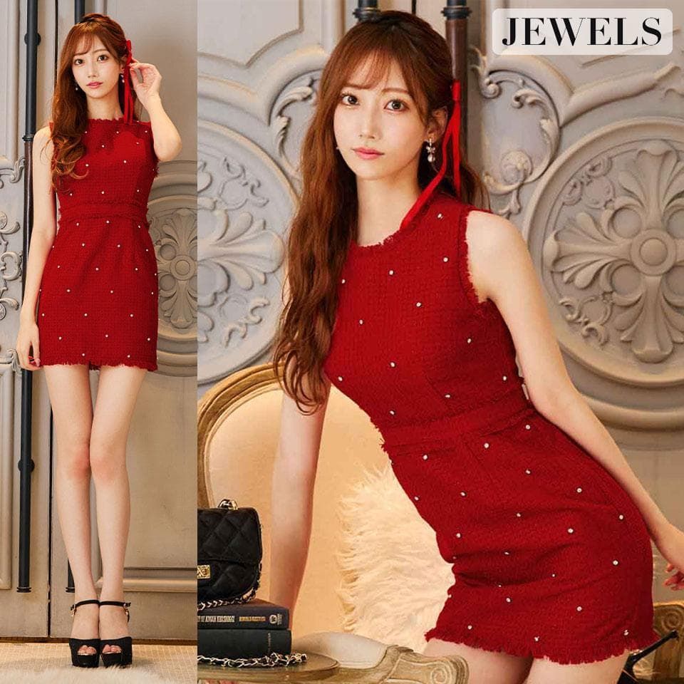 JEWELS / ジュエルズ】ビジューツイードノースリーブミニドレス ワイン