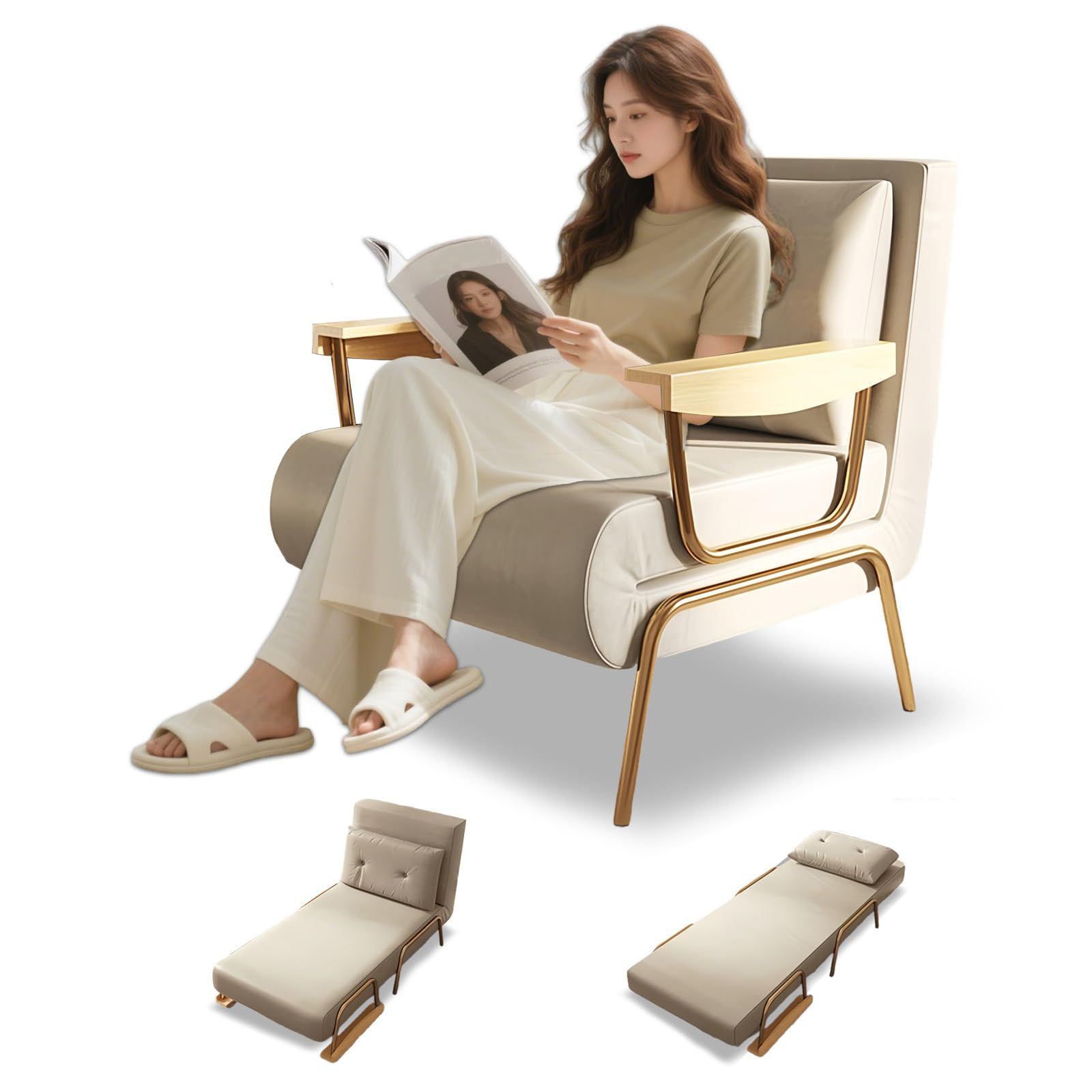 YGOTUY ソファベッド 1人掛け 3 WAY 折りたたみ ソファー クッション付き 肘掛付き ソファー椅 背もたれ6段階調節 高反発素材 コンパクト省スペース 簡単収納 一人暮らし リビング 寝室 来客用 オフィスの昼休み インテリア用品 組立簡単 ベージ