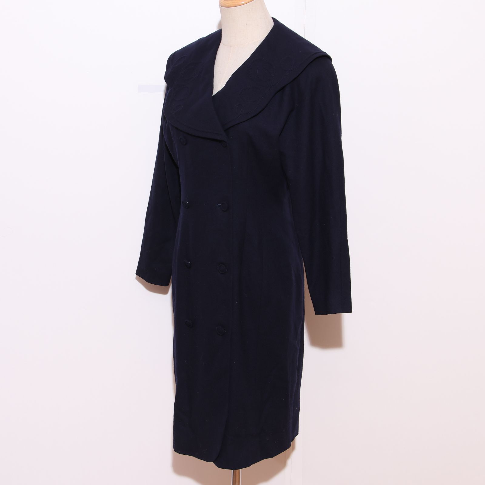 クレージュ21 スタジャン ウール100% フードジャケット　ロングコート ☆美品☆ Courrèges クレージュ ロングコート ネイビー 刺繍襟 ウール