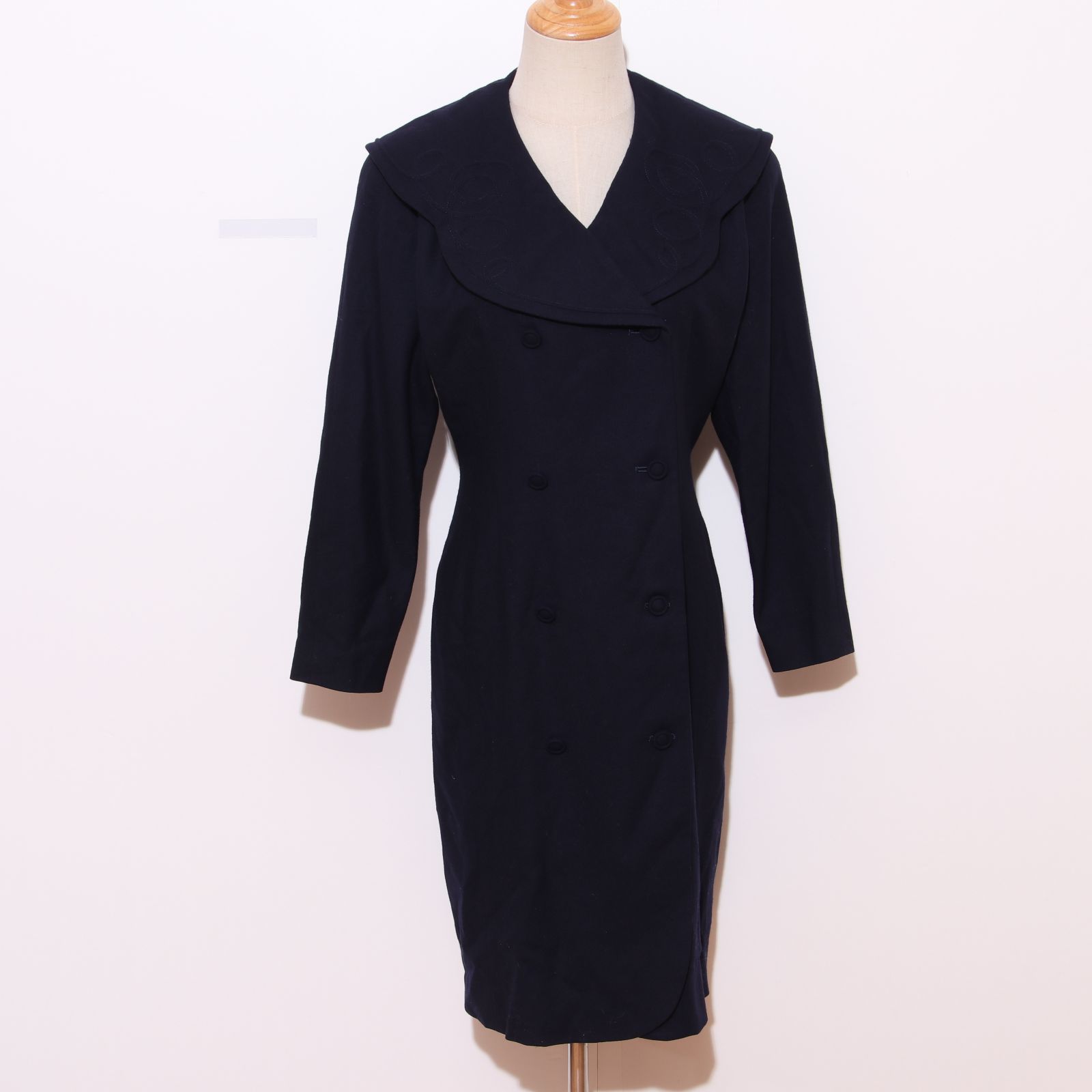☆美品☆ Courrèges クレージュ ロングコート ネイビー 刺繍襟 ウール 