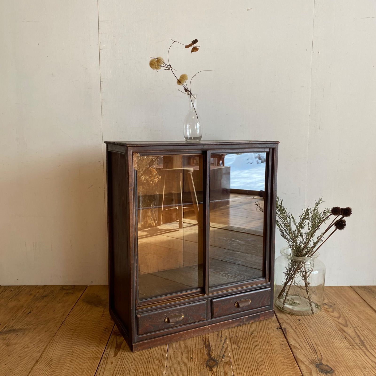 アンティーク ガラス戸棚 キャビネット 食器棚 本棚 無垢材 y549