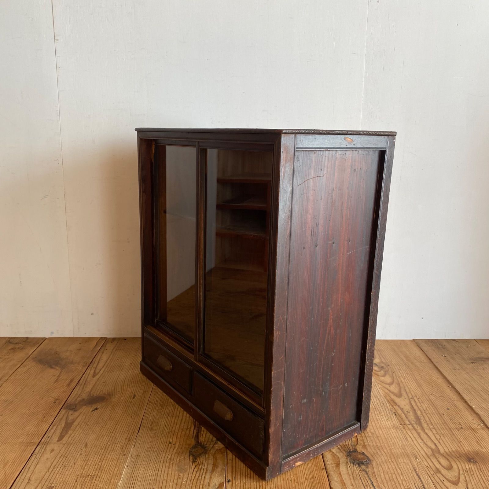 アンティーク ガラス戸棚 キャビネット 食器棚 本棚 無垢材 y549