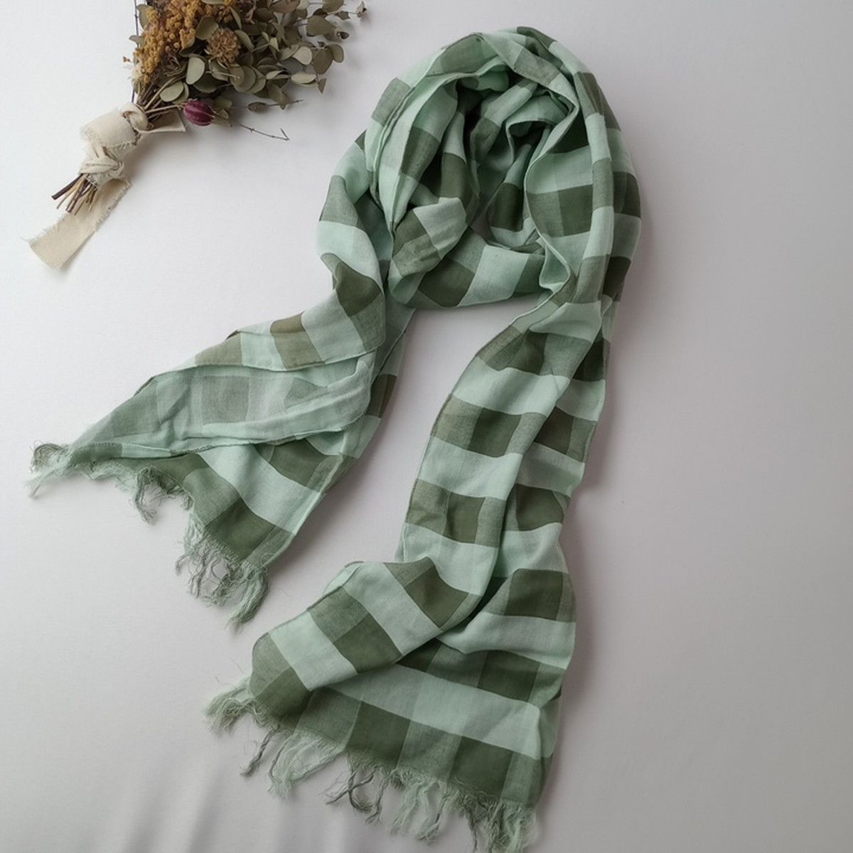 ◯ mina perhonen ミナペルホネン チェックフリンジストール 蝶々 刺繍