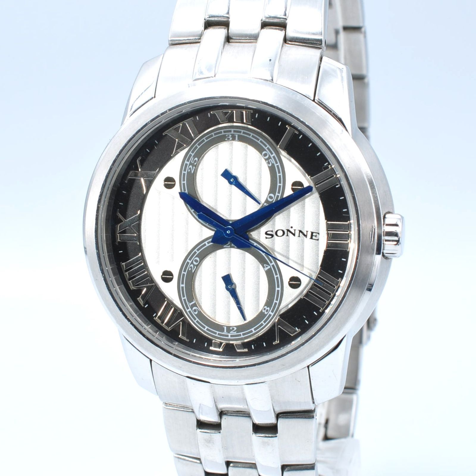 SONNE ゾンネ Quartz クォーツ Men's メンズ シルバー×ホワイト文字盤 デュアルタイム 稼働品 新品バッテリー