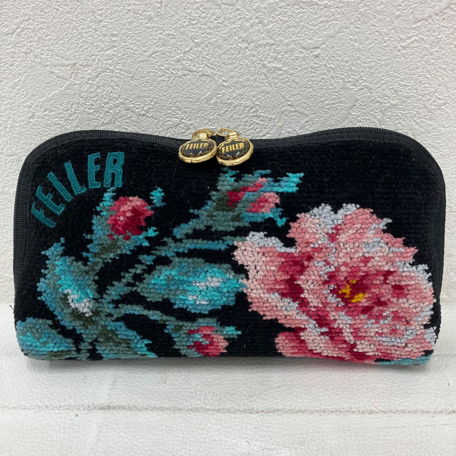 8592 良品 FEILER フェイラー 長財布 ウォレット 花柄 ロゴ ラメ 