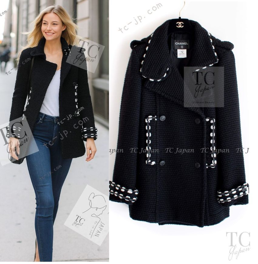 シャネル ジャケット コート CHANEL ブラック ホワイト 黒白 グレー