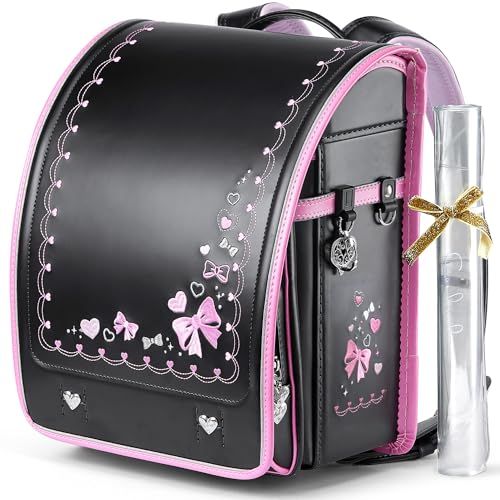 ランドセル 女の子 小学生 通学カバン 人工皮革パール生地 ワンタッチロック ハート 蝶結び刺繍 黒 ブラック c 85 b 5 db 6