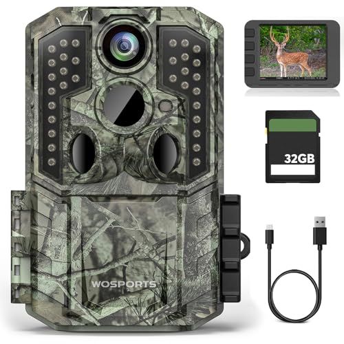 トレイルカメラ 4 k Wosports 4800万画素 防犯カメラ 屋外 電池式 赤外線カメラ 最大256 GB カード対応 IP 66級防水防塵 不可視赤外線 32 GBメモリーカード付き 超高速トリガー 120°超広検知範囲 内蔵マイク 079296 fa