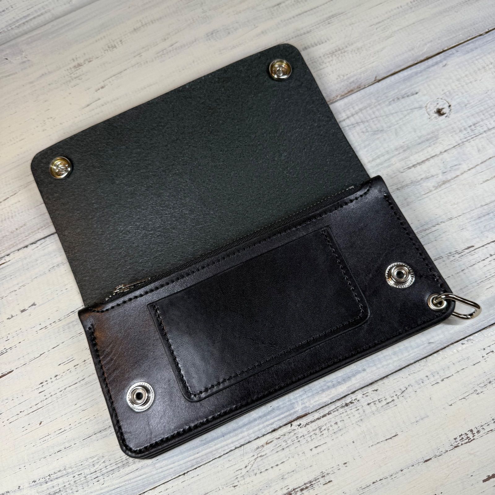 トラッカーウォレット ロング 3層】 ブラック 北米ステア シルバー YKK