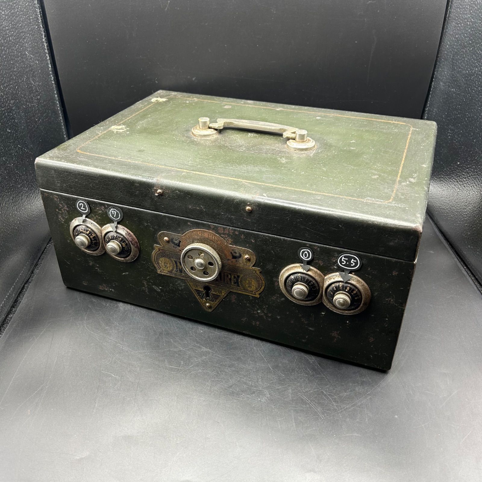 □27 レトロ アンティーク 手提げ金庫 ARARM CASH BOX 木箱トレイ付き